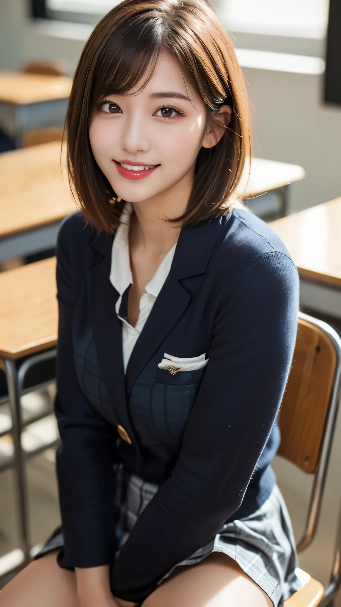 (masterpiece:1.3), (16k, photorealistic, RAW photo, best quality: 1.4),(photo of a beautiful Japanese girl), absurdres, attractive, ultra high resolution, ultra realistic, highly detailed, golden ratio, ultra detailed, super fucking beautiful detailed face, natural makeup, detailed cloth texture, detailed hair texture, beautiful detailed fullbody, Perfect female body, accurate, Anatomically correct, Highly detailed face and skin texture, (beautiful hands), (realistic skin), (beautiful pale skin:1.1), (Perfect dynamic composition, looking at viewer, full body shot:1.3),
BREAK,
realistic eyes, beautiful detailed eyes, symmetric eyes, Light Brown eyes, Double eyelids, Thin eyebrows, (Glossy lips:1.4), ((A face with waiting for a kiss, Seductive smile:1.2)), (weat skin, blush:1.1),
BREAK,
((short hair, bob, Dark blonde hair, bangs:1.2)), (Daytime, Straddling a chair, classroom:1.3), (school uniform, Dark Blue jacket, white Long sleeve, Red Checkered mini skirt:1.3)