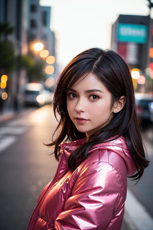 Best quality, realistic, from the front in first person, Nina Dobrev on the streets of Los Angeles, (a female mexican Supermodel), (sexy pink shiny puffer jacket :1.1), split, seductive smile, (dark hair), (hairstyle:1.0), Perfect eyes, sharp parts, detailed face, face-makeup, cheeks turn red, Eyeliner, eyeshadow, lip gloss, Supermodel, (Deep Focus), (hard lighting), (Night time), (realistic lighting:1.0)