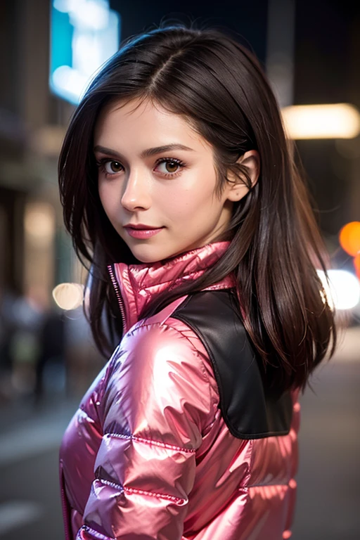 Best quality, realistic, from the front in first person, Nina Dobrev on the streets of Los Angeles, (a female mexican Supermodel), (sexy pink shiny puffer jacket :1.1), split, seductive smile, (dark hair), (hairstyle:1.0), Perfect eyes, sharp parts, detailed face, face-makeup, cheeks turn red, Eyeliner, eyeshadow, lip gloss, Supermodel, (Deep Focus), (hard lighting), (Night time), (realistic lighting:1.0)