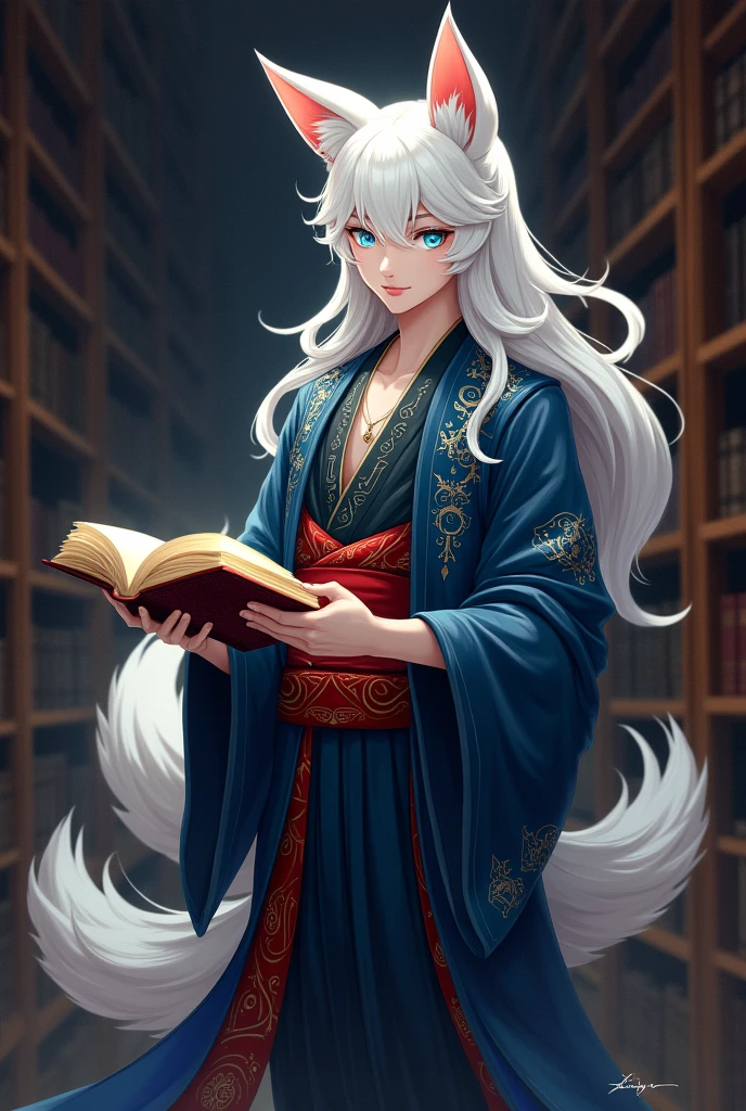 Kitsune in human male form(basically just the fluffy fox ears and 3 long fluffy tails). Steel blue eyes long white hair(past the shoulders) with red accents.
 Wear a Kimono(color how you feel it would be right). The background is a dark library. The character has an open book in his hands. in 2D art full body