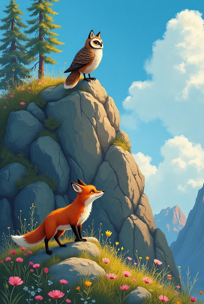 Two animals climbing up a mountain in search of a gem, illustrated image