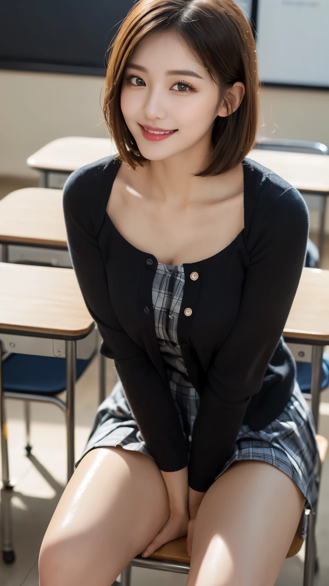 (masterpiece:1.3), (16k, photorealistic, RAW photo, best quality: 1.4),(photo of a beautiful Japanese girl), absurdres, attractive, ultra high resolution, ultra realistic, highly detailed, golden ratio, ultra detailed, super fucking beautiful detailed face, natural makeup, detailed cloth texture, detailed hair texture, beautiful detailed fullbody, Perfect female body, accurate, Anatomically correct, Highly detailed face and skin texture, (beautiful hands), (realistic skin), (beautiful pale skin:1.1), (Perfect dynamic composition, looking at viewer, full body shot:1.3),
BREAK,
realistic eyes, beautiful detailed eyes, symmetric eyes, Light Brown eyes, Double eyelids, Thin eyebrows, (Glossy lips:1.4), ((A face with waiting for a kiss, Seductive smile:1.2)), (weat skin, blush:1.1),
BREAK,
((short hair, bob, Dark blonde hair, bangs:1.2)), (Daytime, Straddling a chair, classroom:1.3), (school uniform, Dark Blue jacket, white Long sleeve, Red Checkered mini skirt:1.3)
