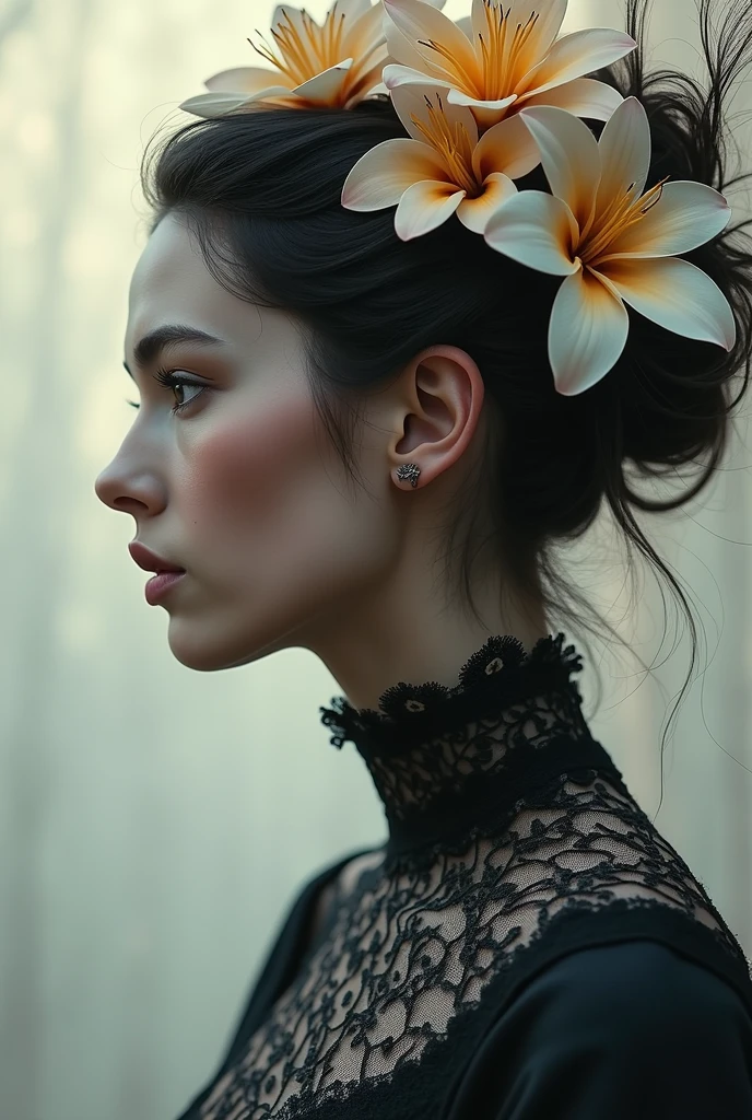 (Photorealism:1.1) goddess, portrait, Close-up, black hair color, high lace collar, portrait в пол оборота, dark lighting, without double exposure