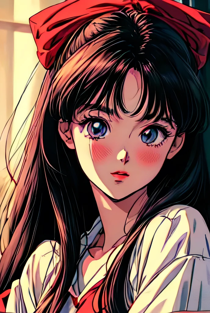 a beautiful anime girl with long black hair and a red bow, wearing a white shirt, (best quality,4k,8k,highres,masterpiece:1.2),ultra-detailed,(realistic,photorealistic,photo-realistic:1.37),retro anime style, 80s anime art, beautiful detailed eyes,beautiful detailed lips,extremely detailed eyes and face,longeyelashes,detailed anime portrait,intricate details,vivid colors,warm lighting,cinematic composition