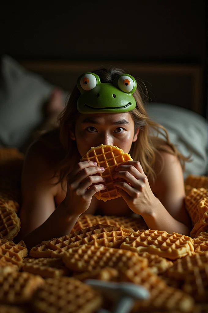 bunch of waffle (waffle) 🧇 in a hand showing the camera while hands forward slightly covering the face of a mysterious long blonde hair handsome men topless asian blonde men, samurai look, silhouette lying in the very very dark bedroom full of waffle in bed and all over his body while eating more and more waffle in bed. with frog headband