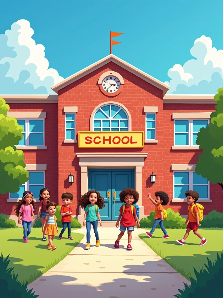 the front of a school, with a sidewalk. some children walking, very colorful image, 2D style drawing. wide angle drawing. wide angle. -ar 16:9