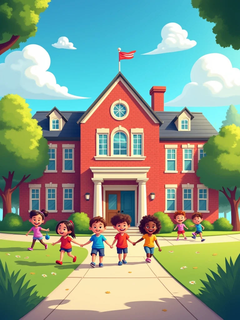 the front of a school, with a sidewalk. some children walking, very colorful image, 2D style drawing. wide angle drawing. wide angle. -ar 16:9