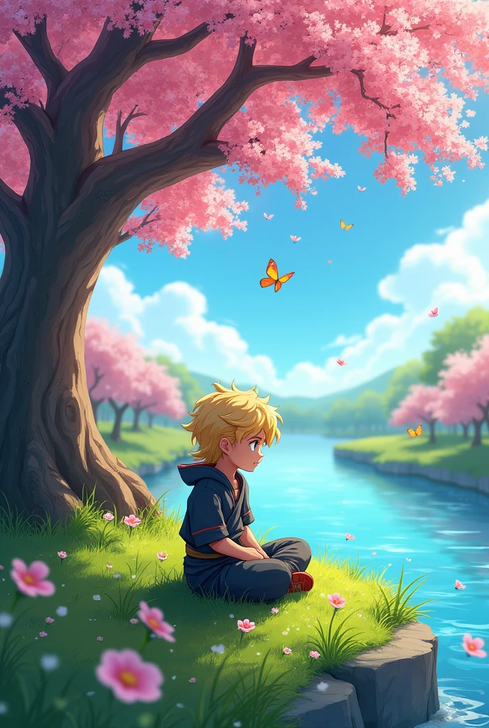 a summer landscape of a cherry tree with a blonde ninja boy with curly mullet hair,sitting below watching a crystal clear river
