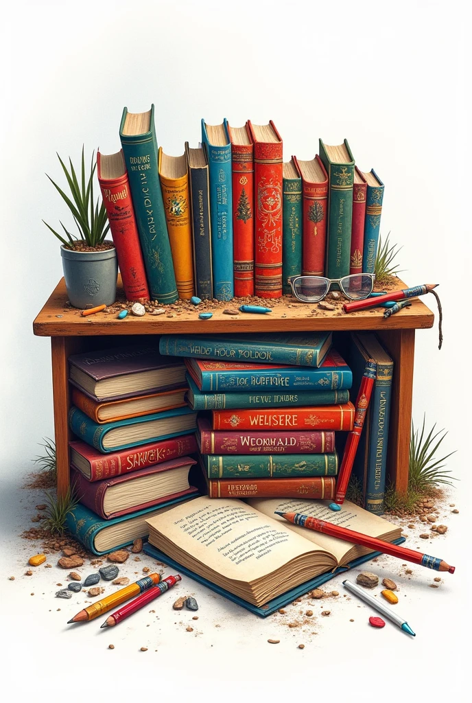 desk full of books, pencil and pens white background