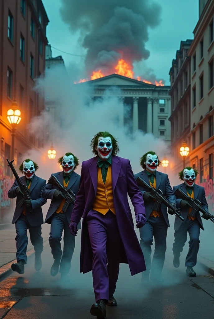 I need you to create the joker walking with 5 masked men from the paper house with black suitcases, men need to be armed with rifles, while the joker must have a cigarette in his hand laughing out loud, after blowing up the central bank 
