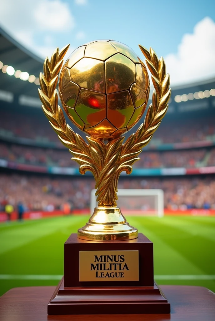 Realistic image of a soccer trophy with the text Minus Militia League as decoration
