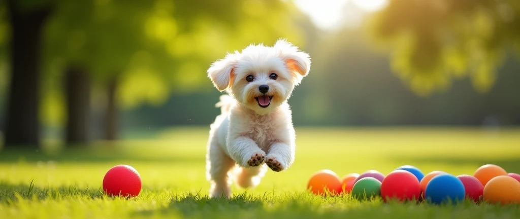 Small poodle dog playing with balls located on the right side of the image