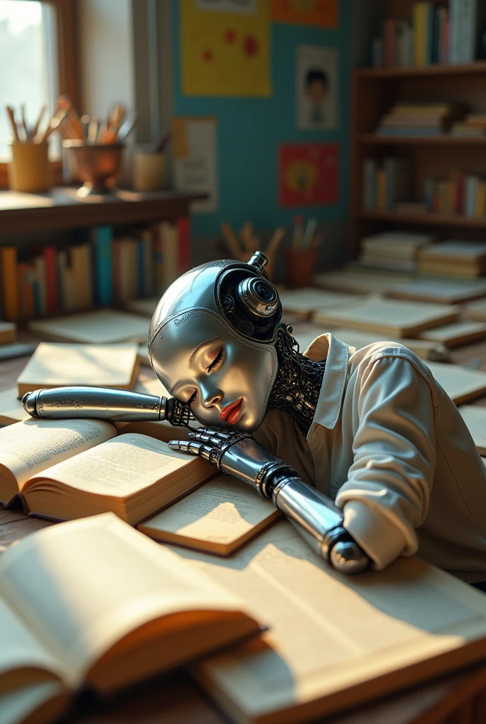 A beautiful robot girl wearing a shirt, sleeping among the prepared lesson books.