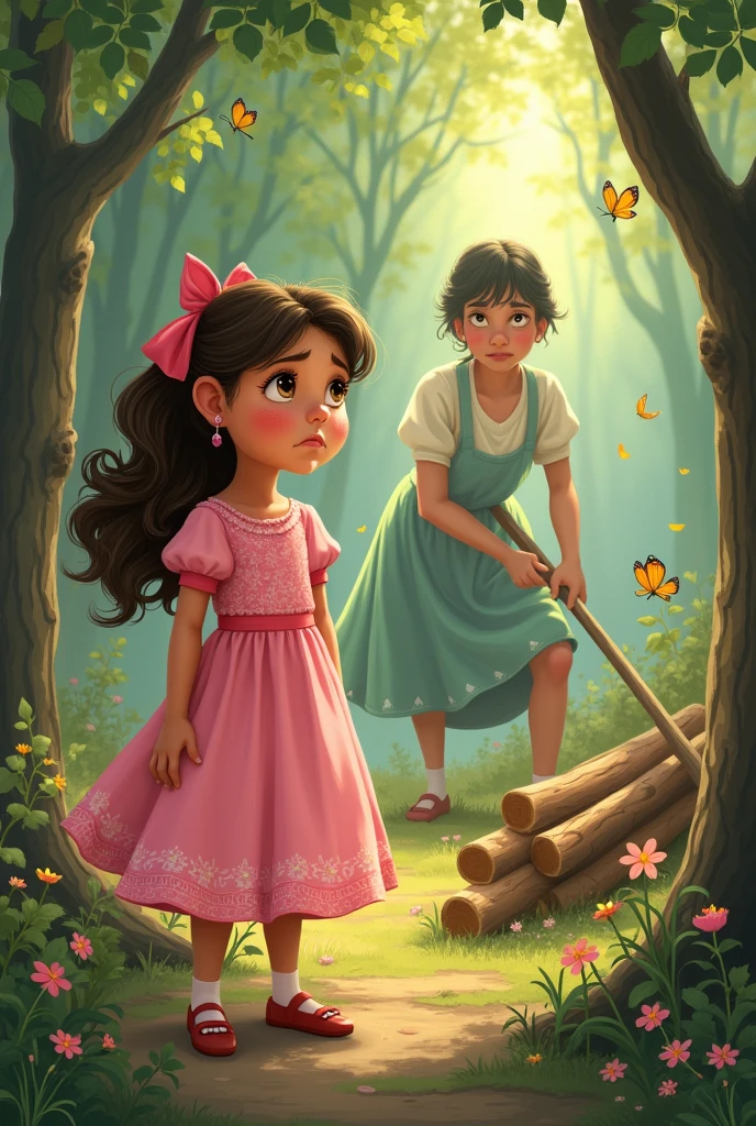 A portrait of a child in a pink dress looking sadly at his mother as she chops firewood with difficulty (vary sadly) (10 year old 
girl). disney 
cartoon type 