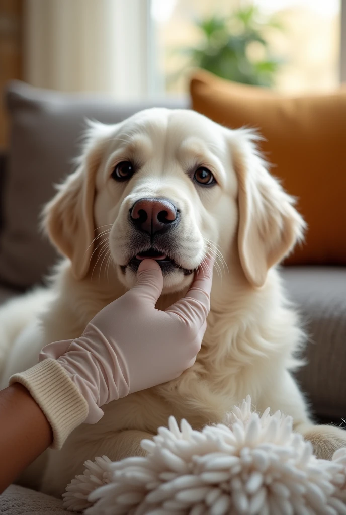 1 image + A white dog, face up, with a gloved hand inside his mouth