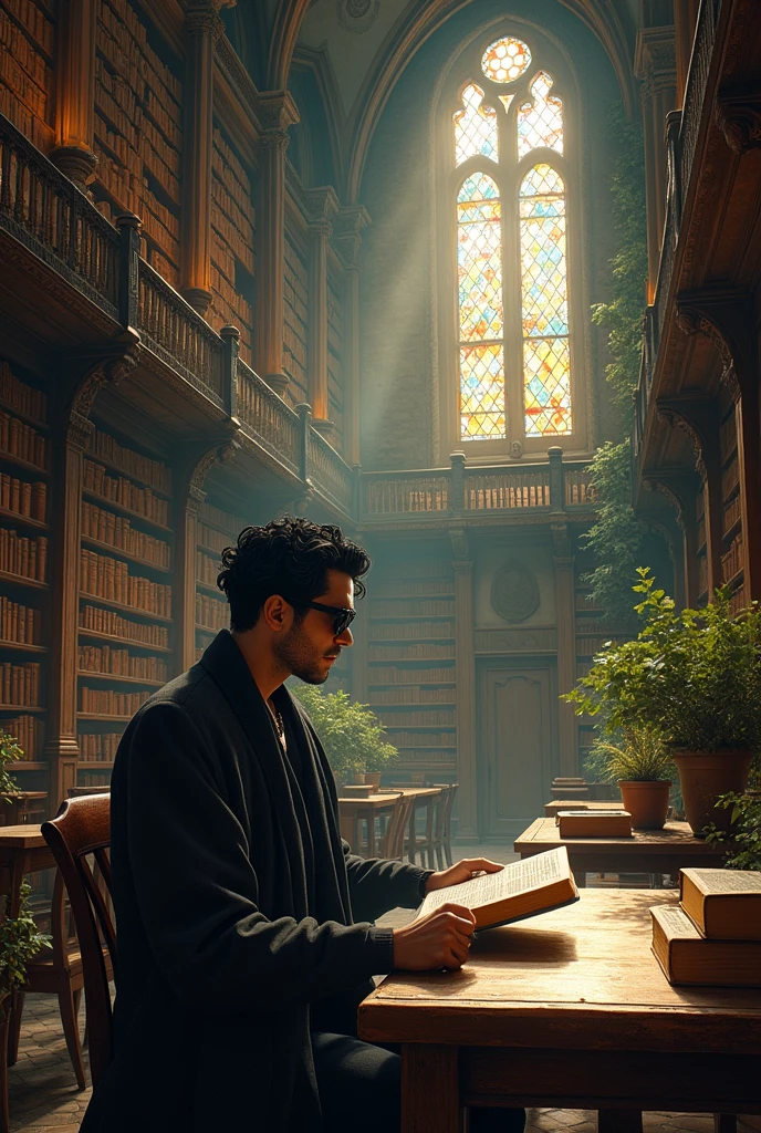 Aburame Shino, anime, anime animation, reading, medieval library, natural light, sitting reading