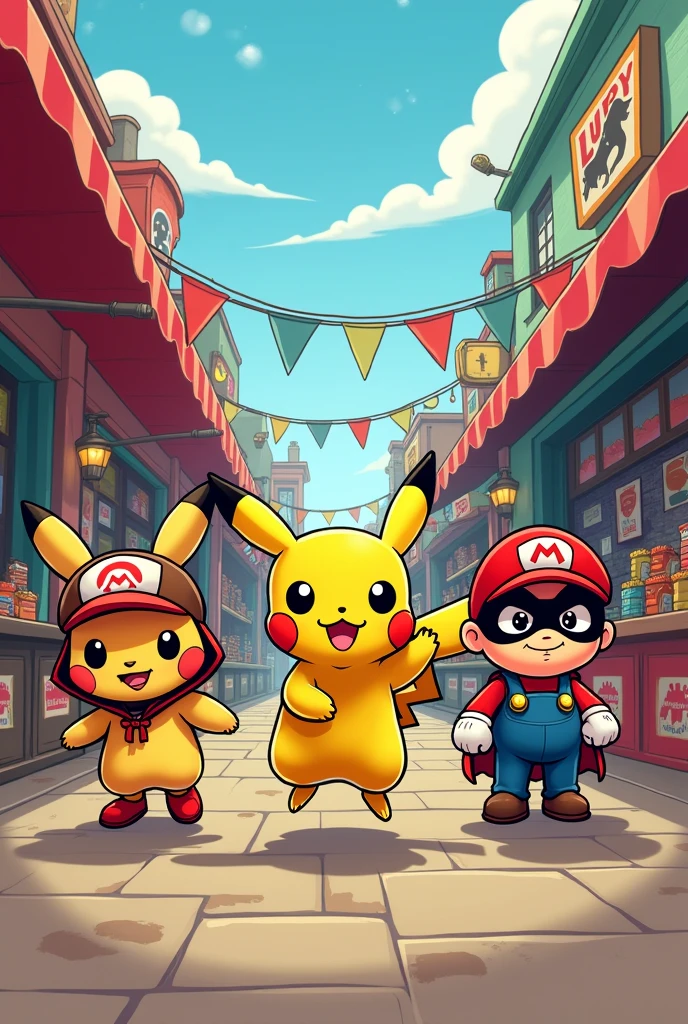 Create 3 comic characters their name is Flea Market Flummi Balls the first has ears like Pikachu, the second a hat like Super Mario, One has a superhero mask