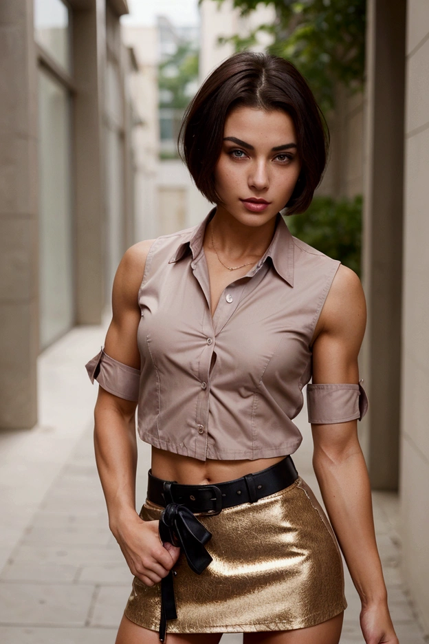 A beautiful short haired brunette girl with a toned and muscular body. She has a sexy fit and athletic physique, staring with sensual face expressions and a sexy seductive smirk, posing standing outdoor provocatively. She belongs to the East European race. Inspired by Jenni Lee. Buttoned shirt and mini skirt, office attire
