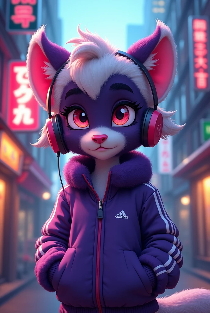 shikabane, furry female anthro, skunk girl, purple fur, portrait, close-up, track jacket, headphones, solo, (body fur:1.2), (best quality), (detailed urban background:1.2), dramatic lighting, (detailed fluffy fur:1.1), looking at viewer, closed mouth, toony, flat color, ear bow ribbon, shy, flustered
