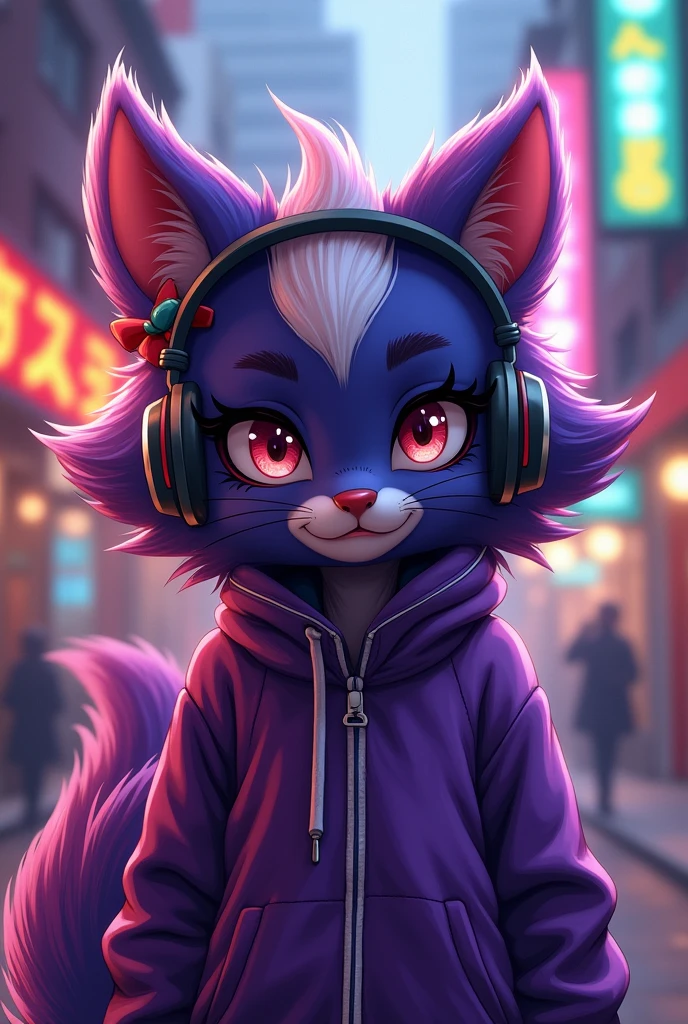 shikabane, furry female anthro, skunk girl, purple fur, portrait, close-up,  track jacket, headphones, solo, (body fur:1.2), (best quality), (detailed urban background:1.2), dramatic lighting, (detailed fluffy fur:1.1), looking at viewer,  closed mouth, toony, flat color, ear bow ribbon, shy, flustered