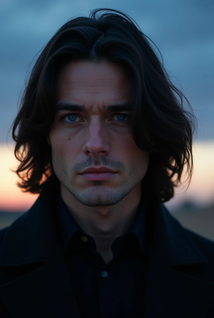 Blue-eyed man, angled face, square jaw 
, sharp nose, hair reaching ear length, smooth and black