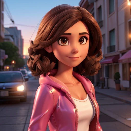 Best quality, realistic, from the front in first person, Nina Dobrev on the streets of Los Angeles, (a female mexican Supermodel), (sexy pink shiny puffer jacket :1.1), split, seductive smile, (dark hair), (hairstyle:1.0), Perfect eyes, sharp parts, detailed face, face-makeup, cheeks turn red, Eyeliner, eyeshadow, lip gloss, Supermodel, (Deep Focus), (hard lighting), (Night time), (realistic lighting:1.0)