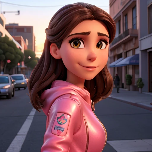 Best quality, realistic, from the front in first person, Nina Dobrev on the streets of Los Angeles, (a female mexican Supermodel), (sexy pink shiny puffer jacket :1.1), split, seductive smile, (dark hair), (hairstyle:1.0), Perfect eyes, sharp parts, detailed face, face-makeup, cheeks turn red, Eyeliner, eyeshadow, lip gloss, Supermodel, (Deep Focus), (hard lighting), (Night time), (realistic lighting:1.0)