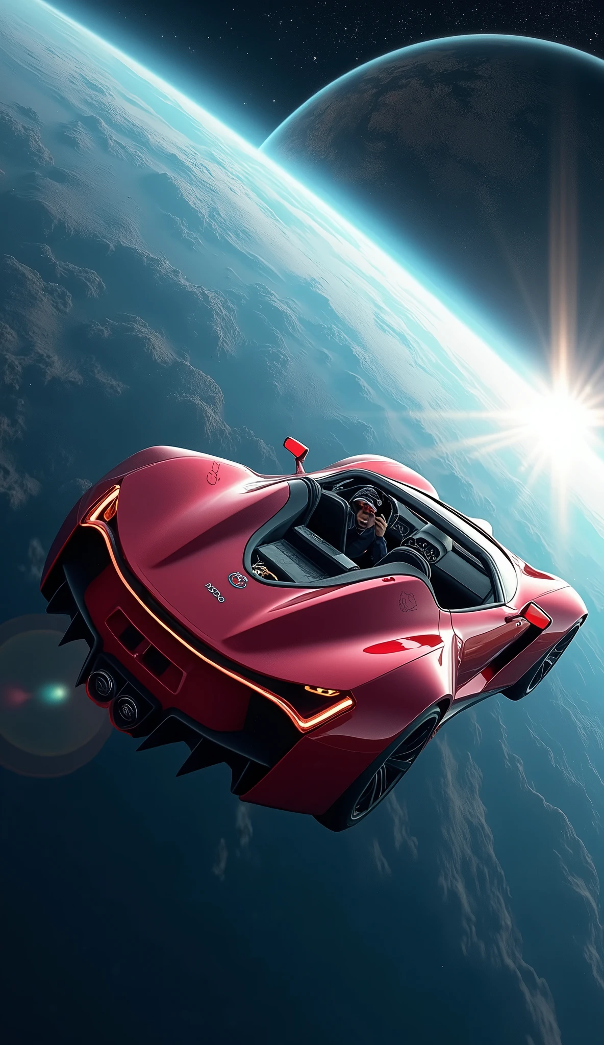 hyperréaliste , masterpiece, vue aérienne d’une super voiture de sport rouge décapotable conduite par un cosmonaute avec une planète bleue au loin en arrière-plan, Dérive dans l’espace, SpaceX, Epic Road - Voyage dans l’espace, la voiture Vole dans le vide de l’espace, Tesla moderne, regarder dans l’espace, voler dans l’espace, Lancement dans l’espace, cosmonaute dans l’espace, voyage dans l’espace