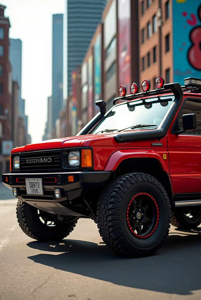 1995 Nissan Terrano 4x4 tuned to 2024 with scarlet red paint and black accessories, with black rims with red rings, Leather interior