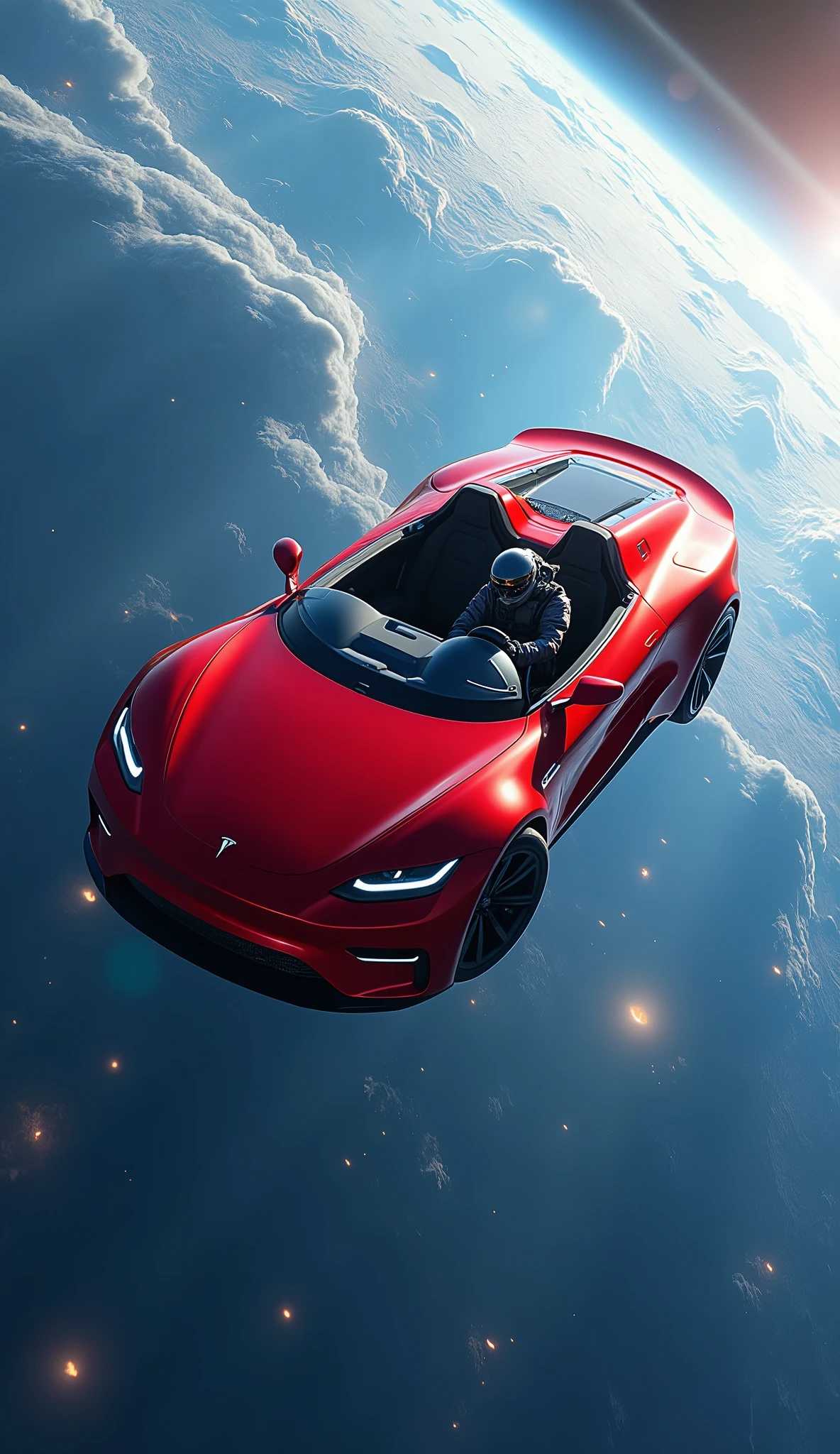 hyperréaliste , masterpiece, vue aérienne d’une super voiture de sport rouge décapotable conduite par un cosmonaute avec une planète bleue au loin en arrière-plan, Dérive dans l’espace, SpaceX, Epic Road - Voyage dans l’espace, la voiture Vole dans le vide de l’espace, Tesla moderne, regarder dans l’espace, voler dans l’espace, Lancement dans l’espace, cosmonaute dans l’espace, voyage dans l’espace