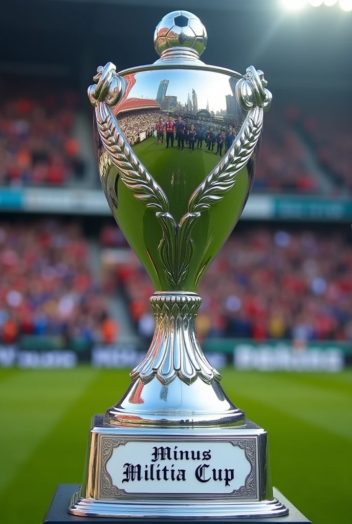 Realistic image of a soccer trophy with the text Minus Militia Cup as decoration 