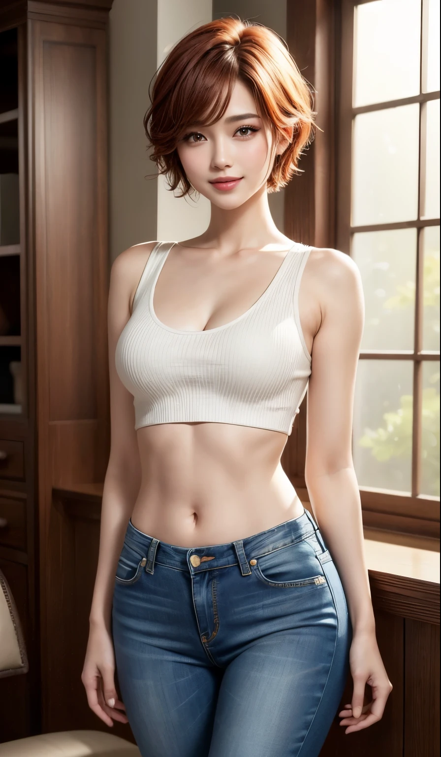 8k, masterpiece, RAW Photos, Highest quality, Realistic, 極めて精細なCGが8kを融合, 8k, diamond, wallpaper, Depth of written boundary, Cinematic Light, Lens flare, Ray Tracing, Super sexy Maria costumes （Low cut and tight （Super short，Denim hot pants）），((Full Body Lesbian)),((Long legs)), Cute Korean, K-Pop Idols, 1 person, (Very slim and slender muscular body:1.3), ((Displaying the viewer)),(Big smile:1.3),（Big Ass），（（White Crop Top：1.5） Vest with exposed neckline）， short hair, Redhead， Photorealistic， photo shoot， （High resolution）， （Realistically：1.4）， （Very complicated）， （Exquisite detail）， Very detailed， High resolution， original， Very detailed8kwallpaper， Highest quality， Detailed face， Super detailed， RAW Photosgr， Realistically， (Very beautiful face, Beautiful Lips, Beautiful Eyes), Exquisite detailの顔, ((Very detailed肌)，（Low cut and tight （Flared jeans）），（Thigh Gap：1.5），（Big Ass）， (Displaying the viewer:1.3) short hair, Redhead，Open chest, Very slim, Medium chest, Turn back, Buckshot, , underwear