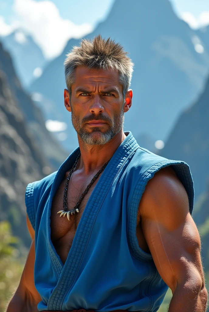 solo, man, short wild brown hair and beard, graying hair, facial markings, teeth necklace, blue eyes, mountains, blue karate gi, sleeveless gi, serious, armbands, ,