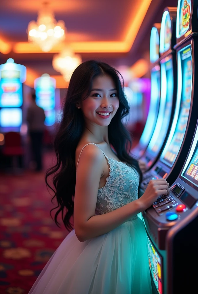 An elegant and Realistic Asian girl wearing a White and Teal party dress is playing Slot Machines.
