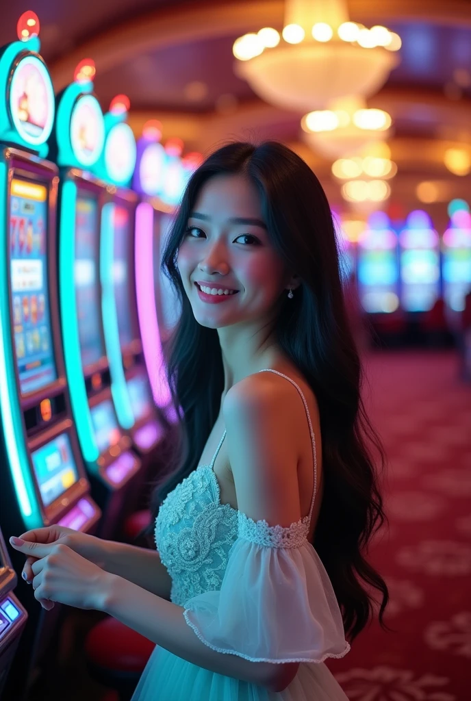 An elegant and Realistic Asian girl wearing a White and Teal party dress is playing Slot Machines.