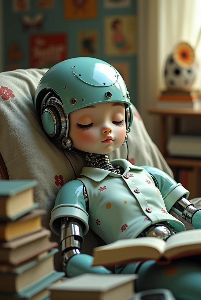 A beautiful robot girl wearing a shirt, sleeping among the prepared lesson books.