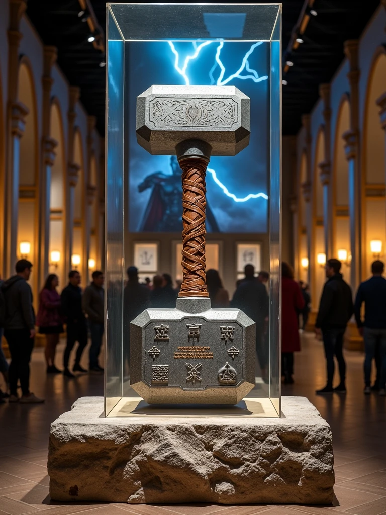**Scene**: *An Avengers Museum Exhibit Featuring Thor's Hammer, Mjölnir*

At the heart of an Avengers-themed museum, Thor's legendary hammer, Mjölnir, is showcased in a prominent display. The hammer, with its distinctive short handle wrapped in brown leather and its massive, rectangular head engraved with ancient runes, rests on a stone pedestal. The head of Mjölnir is made of Uru, a mystical metal, and has a slightly weathered, metallic gray surface, reflecting the light in a subtle, almost magical way. The inscription on the side of the hammer reads, "Whosoever holds this hammer, if he be worthy, shall possess the power of Thor."

The display is surrounded by a protective, transparent case, with soft lighting highlighting the intricate details of the hammer. The base of the pedestal has Asgardian symbols carved into it, adding an otherworldly touch to the exhibit. Holographic panels around the display provide visitors with information about Mjölnir’s origins, its enchantment by Odin, and its role in Thor’s journey in the MCU.

The room itself is designed to evoke the grandeur of Asgard, with towering columns, golden accents, and a mural depicting scenes from Thor's battles and adventures. A large banner featuring Thor, with lightning crackling around him, hangs behind the exhibit, creating a dynamic backdrop. Visitors can be seen standing in awe, taking photos, and reading about the hammer’s legendary history, while a faint sound of thunder echoes softly in the background, enhancing the immersive experience.

 description captures the essence of Thor’s hammer as depicted in the MCU, placing it within an Avengers museum exhibit setting.