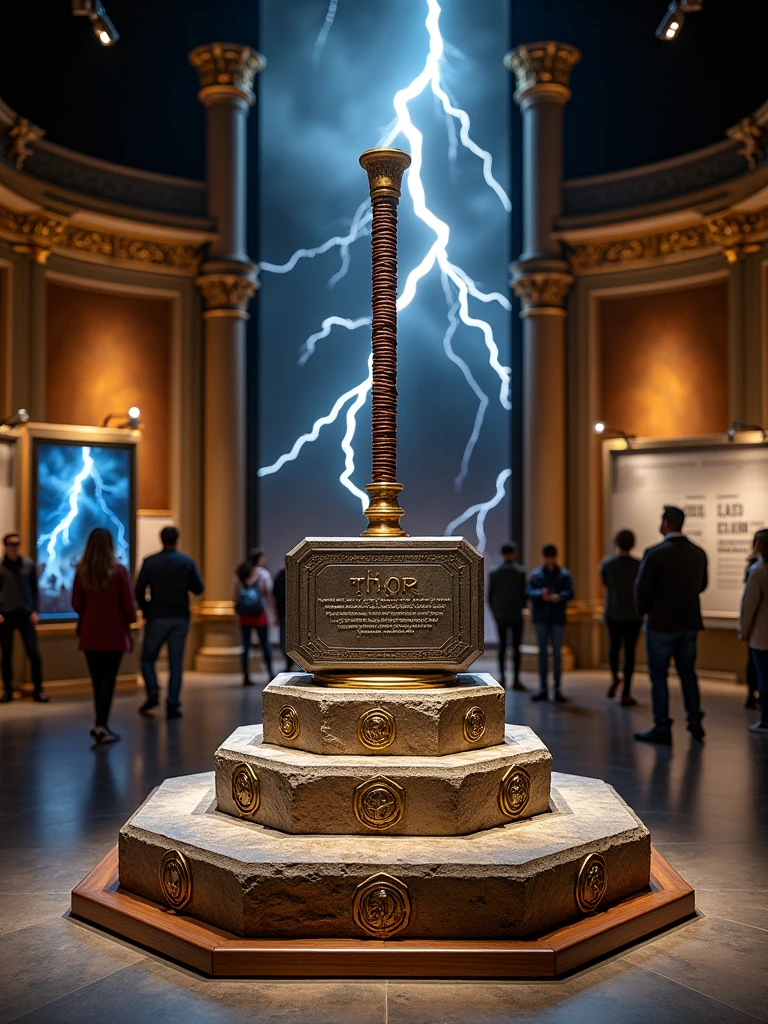 **Scene**: *An Avengers Museum Exhibit Featuring Thor's Hammer, Mjölnir*

At the heart of an Avengers-themed museum, Thor's legendary hammer, Mjölnir, is showcased in a prominent display. The hammer, with its distinctive short handle wrapped in brown leather and its massive, rectangular head engraved with ancient runes, rests on a stone pedestal. The head of Mjölnir is made of Uru, a mystical metal, and has a slightly weathered, metallic gray surface, reflecting the light in a subtle, almost magical way. The inscription on the side of the hammer reads, "Whosoever holds this hammer, if he be worthy, shall possess the power of Thor."

The display is surrounded by a protective, transparent case, with soft lighting highlighting the intricate details of the hammer. The base of the pedestal has Asgardian symbols carved into it, adding an otherworldly touch to the exhibit. Holographic panels around the display provide visitors with information about Mjölnir’s origins, its enchantment by Odin, and its role in Thor’s journey in the MCU.

The room itself is designed to evoke the grandeur of Asgard, with towering columns, golden accents, and a mural depicting scenes from Thor's battles and adventures. A large banner featuring Thor, with lightning crackling around him, hangs behind the exhibit, creating a dynamic backdrop. Visitors can be seen standing in awe, taking photos, and reading about the hammer’s legendary history, while a faint sound of thunder echoes softly in the background, enhancing the immersive experience.

 description captures the essence of Thor’s hammer as depicted in the MCU, placing it within an Avengers museum exhibit setting.