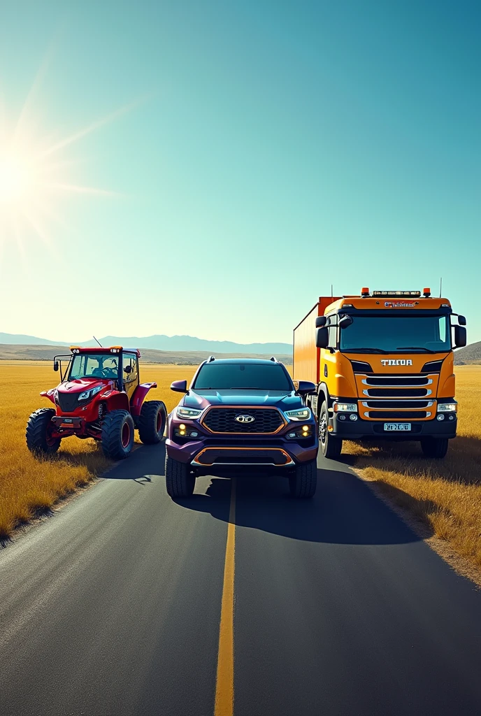 Vehicles together for advertising Motorcycle, automobile, truck, tractor