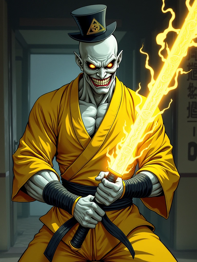 (Best quality ever) A scary humanoid male character, he is muscular and wears bright yellowish and worn color Japanese fighting training clothes, he wears brown warrior boots, his skin is snow white, he has bright yellow eyes with the illuminati symbol in each eye, he has a scary smile in a sadistic way, he is holding a sword made of bright yellow energy that has illuminati symbols, He has big white hair pointed upwards and wears a mini top hat, manga art style