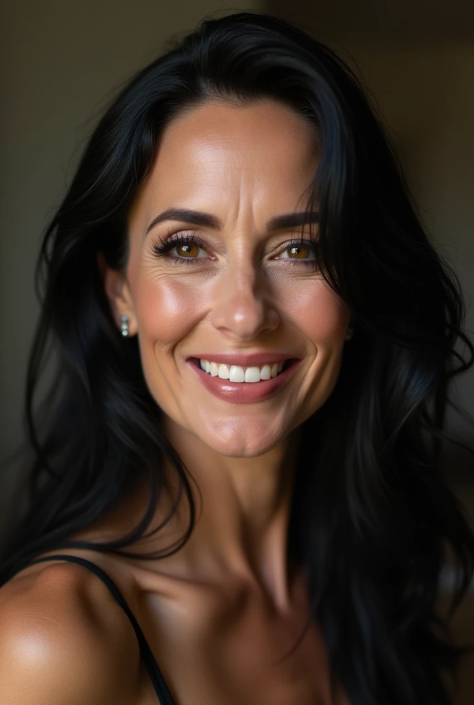 Dominatrix woman in her 60s, very thin white with many wrinkles, pose for selfie not Instagram, naked, sexy pose, smiling showing her teeth, heavy makeup long black and black hair looking at the camera, detailed photo, realistic lighting, High quality real skin: 1.4, Enhanced cinematic lighting: 0.9, hyper-realistic: 1.4, (soft lighting: 1.05) moving figure, sexy dominant pose, domination, mistress, BDSM