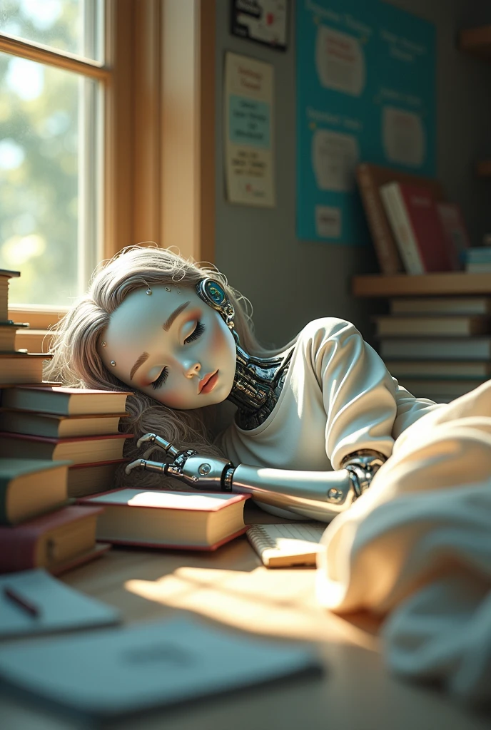 A beautiful robot girl wearing a shirt, sleeping among the prepared lesson books.