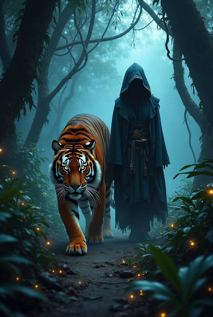 Image of a tiger and a witch in a haunted jungle searching for a gem