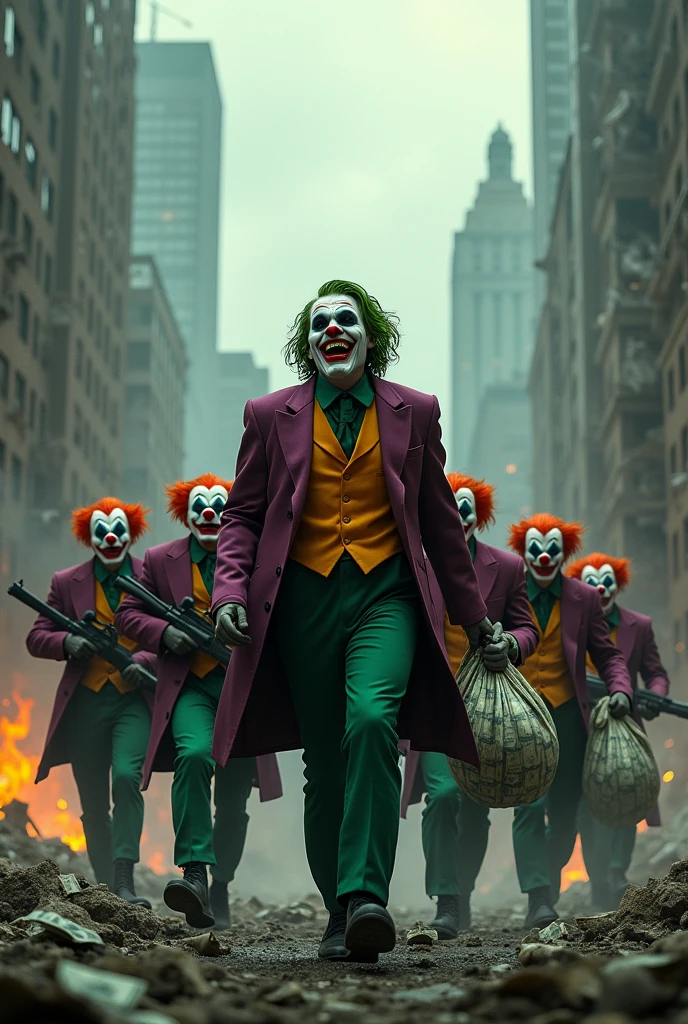 I need you to create the Joker walking with a gang all armed with rifles and masked after blowing up the central bank . The Joker needs to be laughing while the gang needs to be at least 5 men with clown masks, I need everyone to be holding open bags full of money