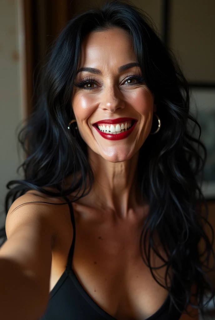 Dominatrix woman in her 60s, very thin white with many wrinkles, pose for selfie not Instagram, naked, sexy pose, smiling showing her teeth, heavy makeup long black and black hair looking at the camera, detailed photo, realistic lighting, High quality real skin: 1.4, Enhanced cinematic lighting: 0.9, hyper-realistic: 1.4, (soft lighting: 1.05) moving figure, sexy dominant pose, domination, mistress, BDSM