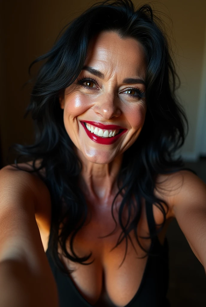Dominatrix woman in her 60s, very thin white with many wrinkles, pose for selfie not Instagram, naked, sexy pose, smiling showing her teeth, heavy makeup long black and black hair looking at the camera, detailed photo, realistic lighting, High quality real skin: 1.4, Enhanced cinematic lighting: 0.9, hyper-realistic: 1.4, (soft lighting: 1.05) moving figure, sexy dominant pose, domination, mistress, BDSM