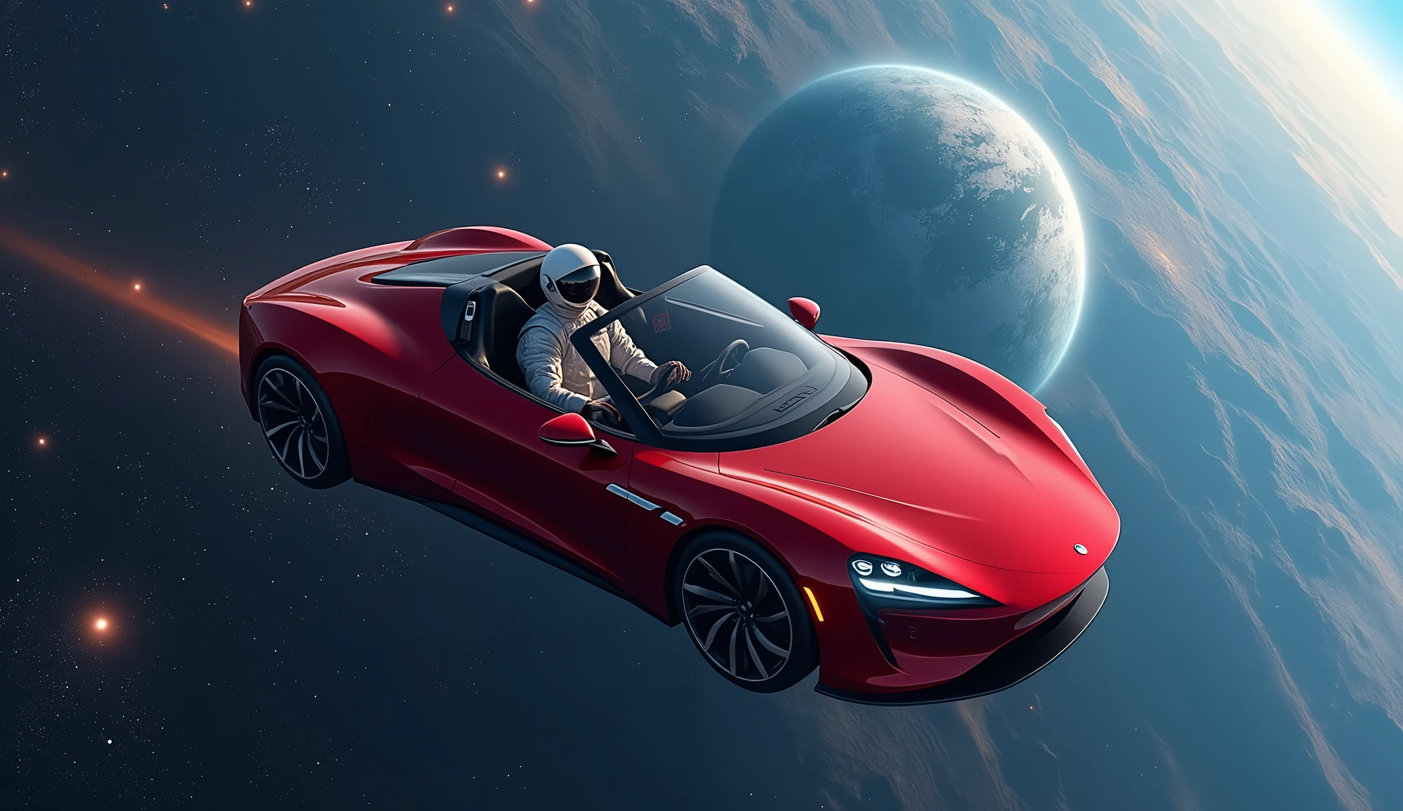 hyperréaliste , masterpiece, vue aérienne d’une super voiture de sport rouge décapotable conduite par un cosmonaute avec une planète bleue au loin en arrière-plan, Dérive dans l’espace, SpaceX, Epic Road - Voyage dans l’espace, la voiture Vole dans le vide de l’espace, Tesla moderne, regarder dans l’espace, voler dans l’espace, Lancement dans l’espace, cosmonaute dans l’espace, voyage dans l’espace