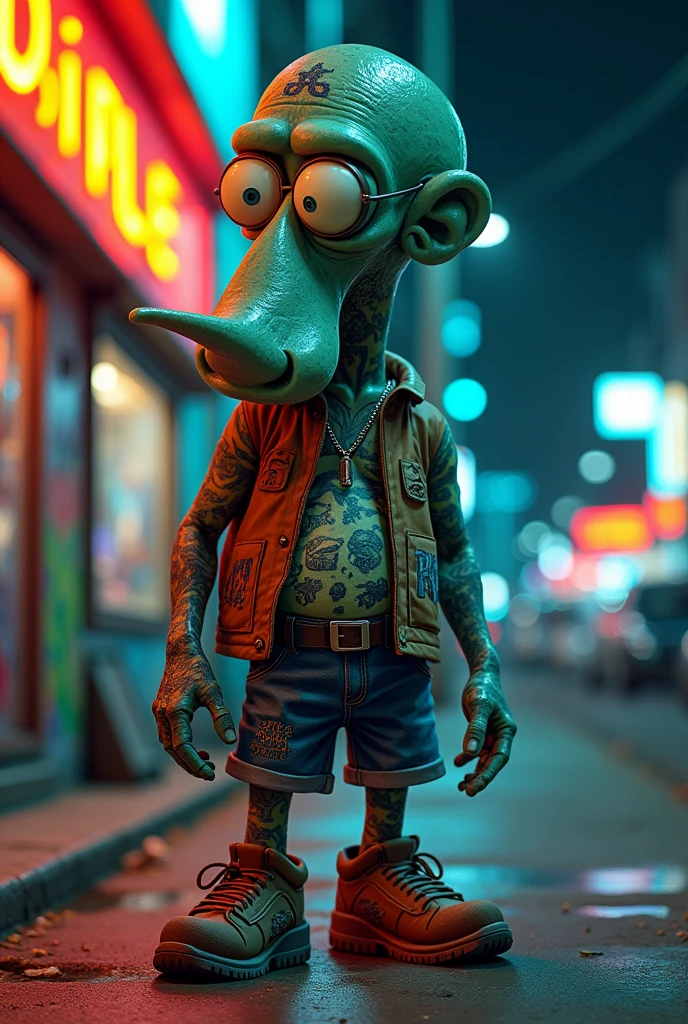 a detailed cartoonized Squidward from Spongebob as a drug dealer, exaggerated and cartoony features, detailed tattoos, graffiti background, neon lights, gritty urban environment, vibrant colors, highly detailed, 3d render, cinematic lighting, photorealistic, award winning digital art