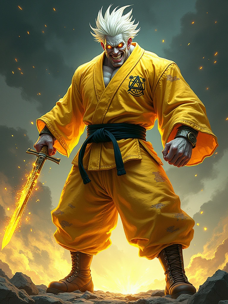 (Best quality ever) A scary humanoid male character, he is muscular and wears bright yellowish and worn color Japanese fighting training clothes, he wears brown warrior boots, his skin is snow white, he has bright yellow eyes with the illuminati symbol in each eye, he has a scary smile in a sadistic way, he is holding a sword made of bright yellow energy that has illuminati symbols,  He has big white hair pointed upwards and wears a mini top hat, manga art style