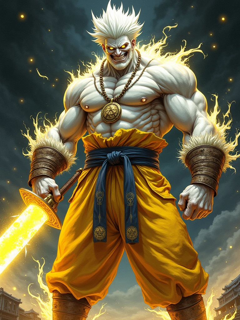 (Best quality ever) A scary humanoid male character, he is muscular and wears bright yellowish and worn color Japanese fighting training clothes, he wears brown warrior boots, his skin is snow white, he has bright yellow eyes with the illuminati symbol in each eye, he has a scary smile in a sadistic way, he is holding a sword made of bright yellow energy that has illuminati symbols, He has big white hair pointed upwards and wears a mini top hat, manga art style